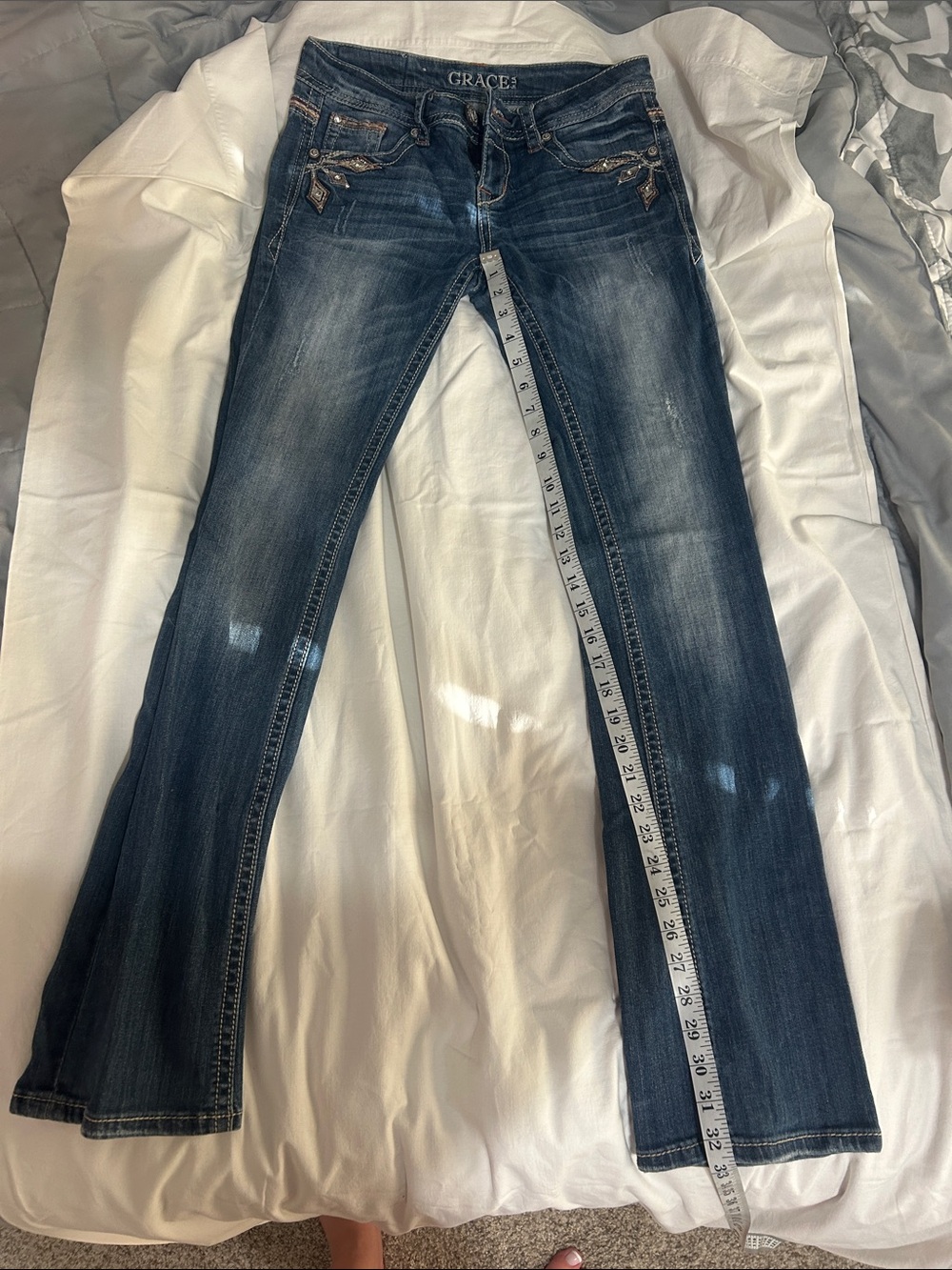 Grace in LA Washed Dark Blue Flare Jeans with Embroidered Pockets